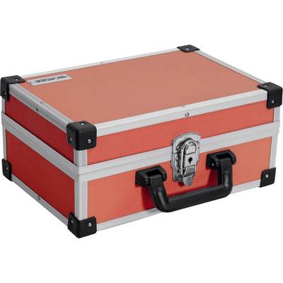 Une petite valise en aluminium orange avec une poignée noire et des serrures métalliques.