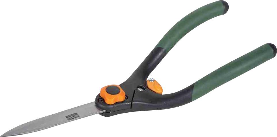 Un sécateur vert avec des touches orange et noir, adapté pour couper des plantes et des arbustes.