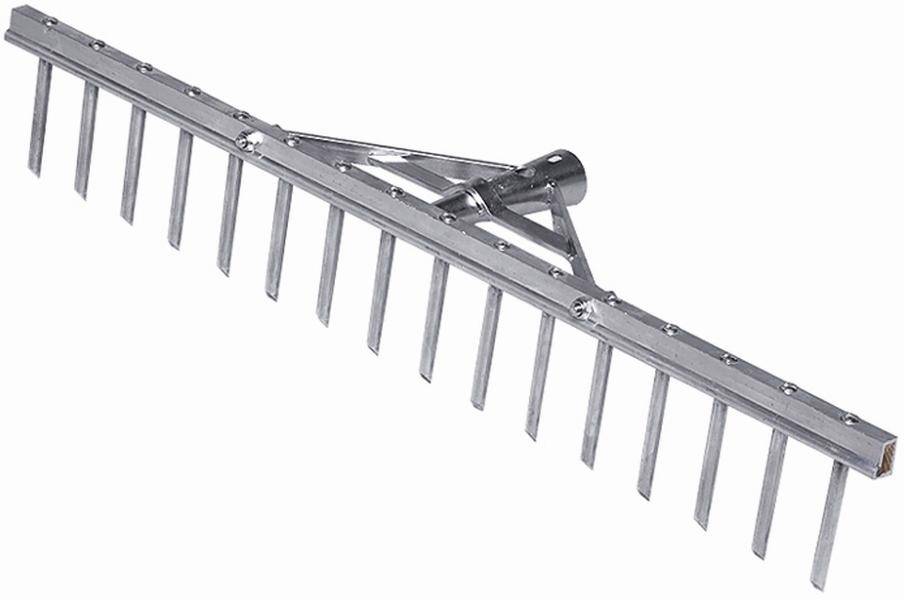 Râteau en métal à longues dents, adapté pour les travaux de jardinage ou l'aménagement paysager.