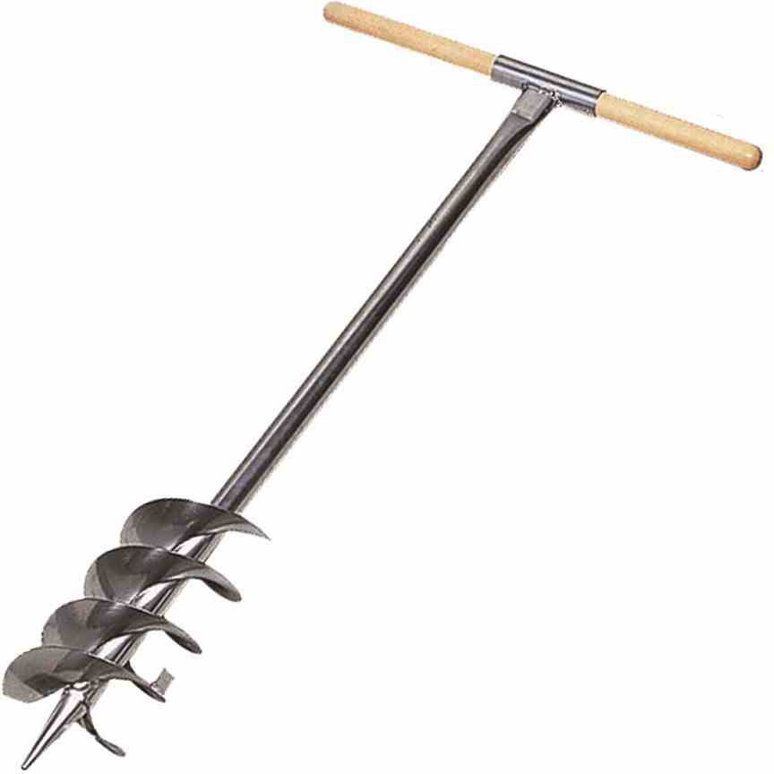 Un outil manuel de forage avec manche en bois et pointe de tarière métallique en spirale pour creuser des trous dans le sol.
