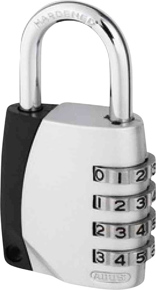 Cadenas à code numérique, argent et noir, combinaison réglée sur '0-0-0-0'.