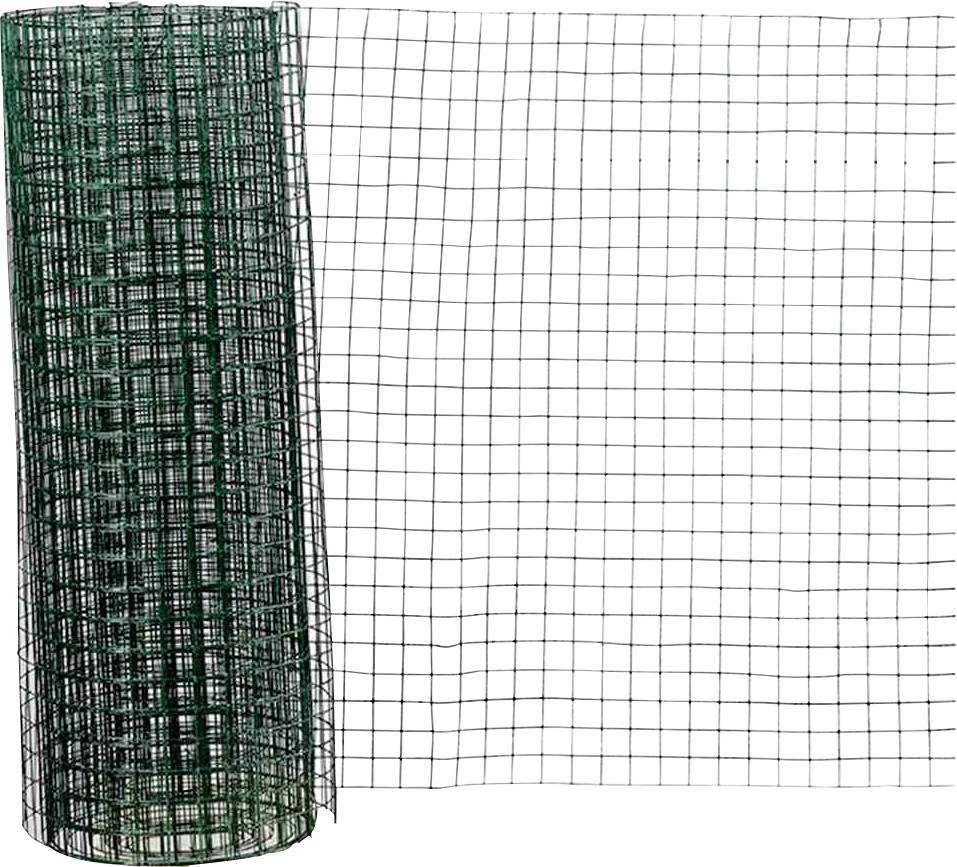 Une clôture grillagée enroulée de couleur vert foncé, à côté d'une section déroulée de la même clôture, sur un fond blanc.