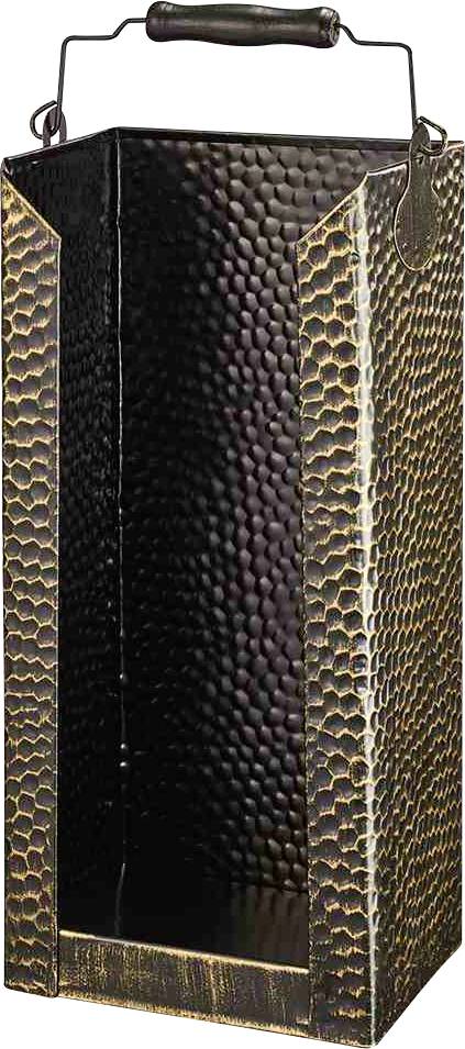 Un support de récipient rectangulaire et élancé, doté d'un motif métallique martelé et d'une poignée de transport, idéal pour la décoration ou comme emballage cadeau.