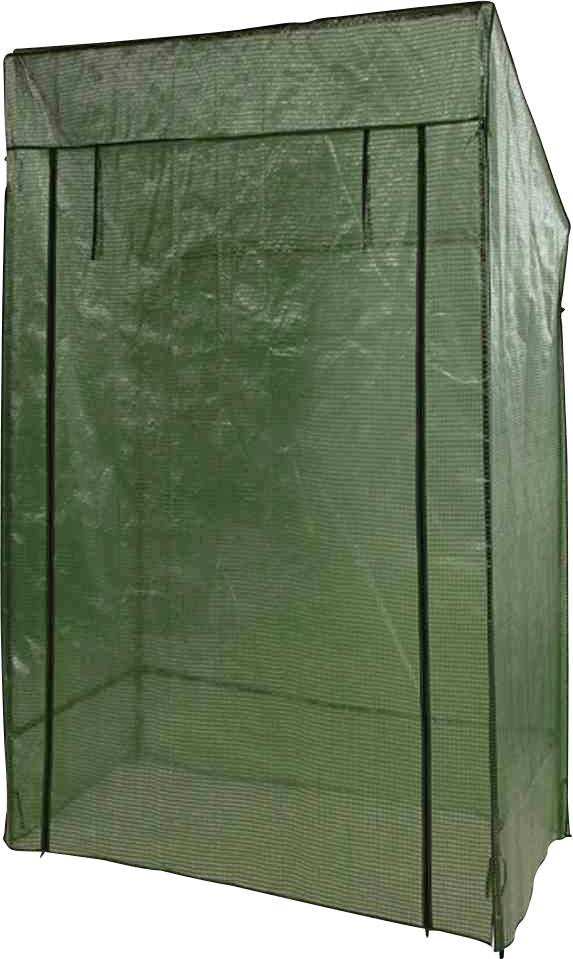 Serre verte de forme rectangulaire avec une couverture en treillage, adaptée pour protéger les plantes des intempéries.