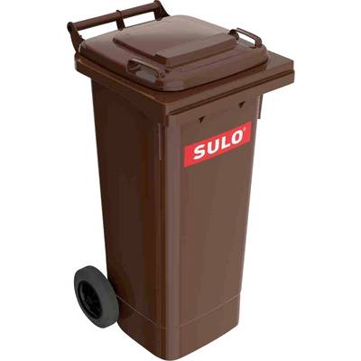 Poubelle marron à roulettes, utilisée pour la collecte des déchets organiques. Autocollant avec le mot 'SULO' en rouge sur la face avant.