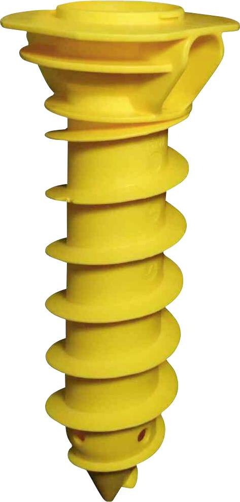 Ancre de sol en plastique jaune avec filetage hélicoïdal et poignée supérieure pour une installation à visser dans le sol, adaptée aux installations extérieures.