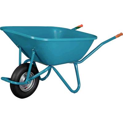 Une brouette bleue avec une roue, deux poignées et une cuve en plastique.