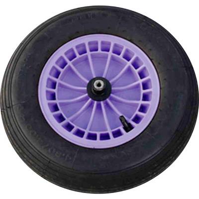 Roue noire avec rayons mauves et moyeu argenté, adaptée aux véhicules légers ou chariots.