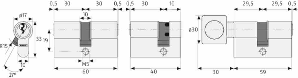 Dessin technique d'une serrure cylindrique avec dimensions en millimètres : longueur totale 60, diamètre 17, diverses dimensions d'ouverture.