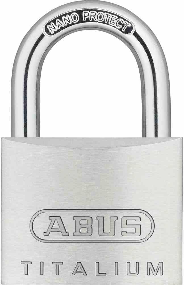 Un cadenas ABUS en argent, fabriqué en Titalium, portant l'inscription 'Nano Protect' sur le haut de l'étrier.