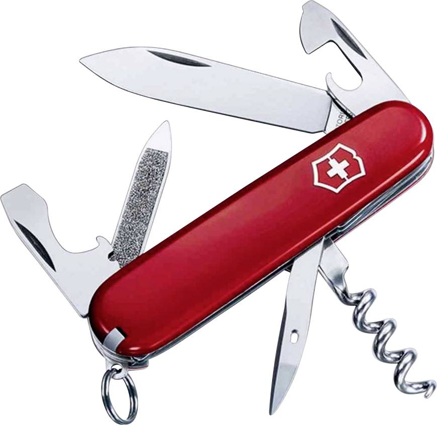 Couteau suisse rouge avec divers outils déployés tels que couteau, ouvre-boîte, tournevis et tire-bouchon.