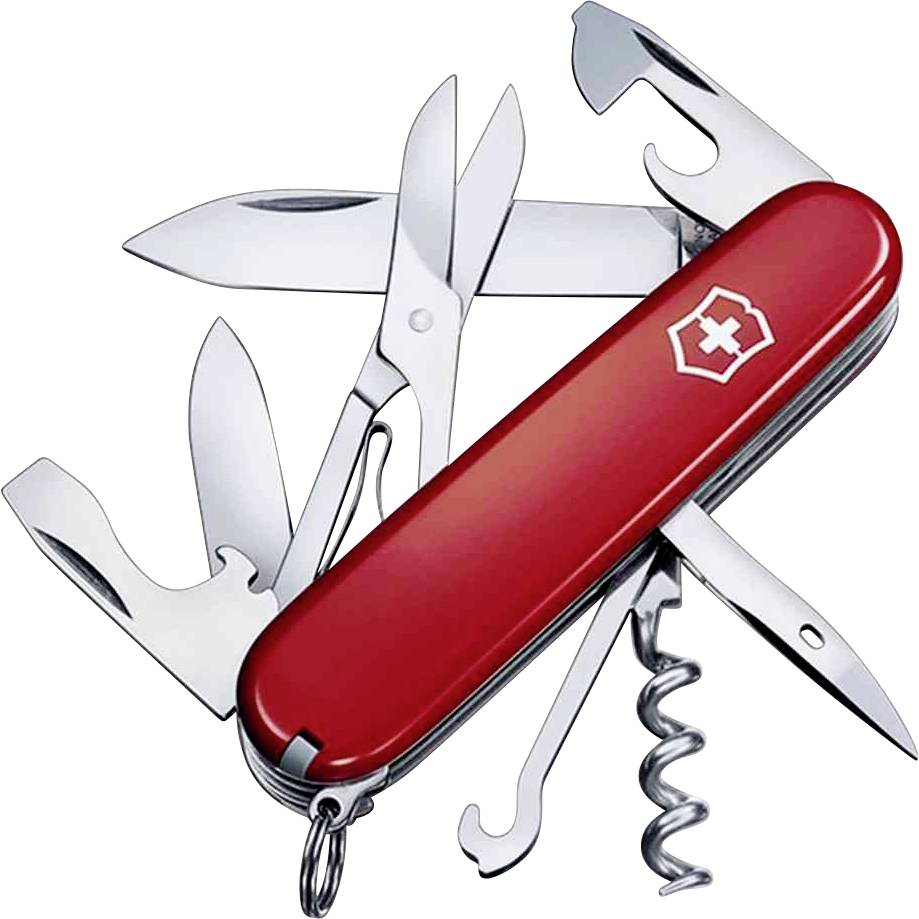 Couteau suisse rouge avec plusieurs outils déployés, comprenant une lame, des ciseaux, un tournevis et un tire-bouchon.