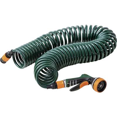 Tuyau d'arrosage spiral vert avec raccord orange et buse de pulvérisation, adapté à divers usages d'irrigation dans le jardin.