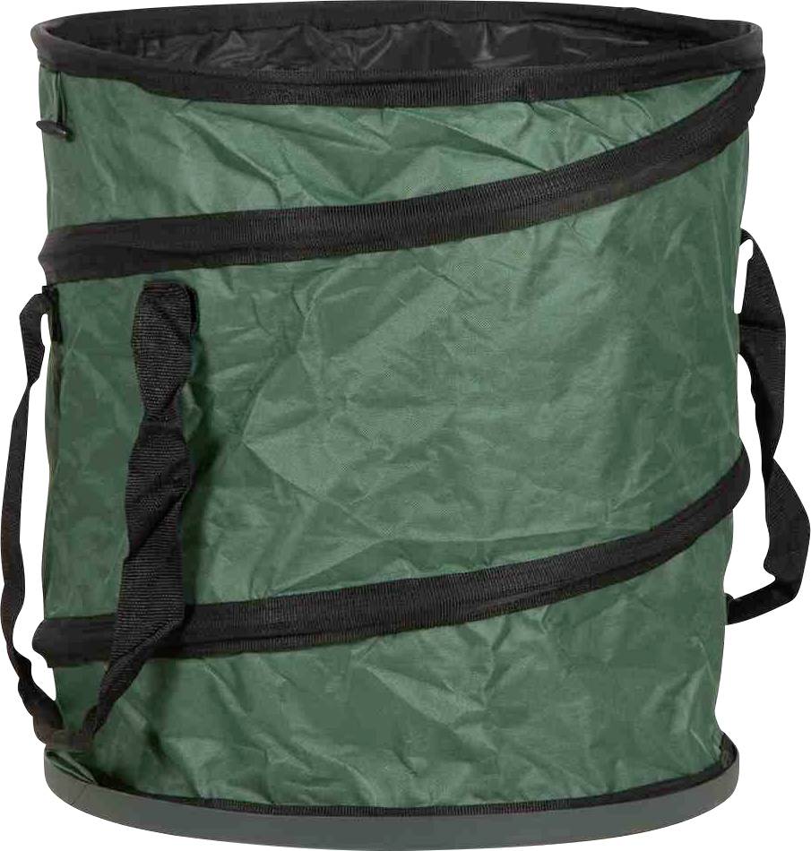 Un sac pliable vert et noir avec poignées de transport, adapté pour les déchets de jardin.