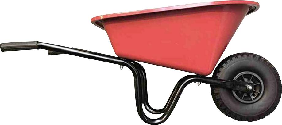 Brouette avec bac rouge et châssis noir, une roue à l'avant, vue de côté, adaptée aux travaux de jardinage et de construction.
