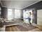 Une personne repasse une chemise sur une planche à repasser dans une chambre moderne aux murs gris et au sol en bois.