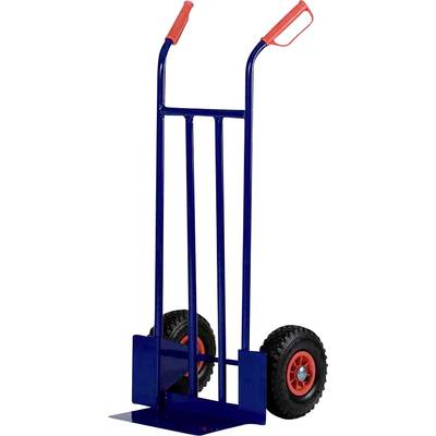 Une brouette bleue avec des poignées rouges et des roues noires. Convient au transport d'objets lourds sur les chantiers ou les entrepôts.