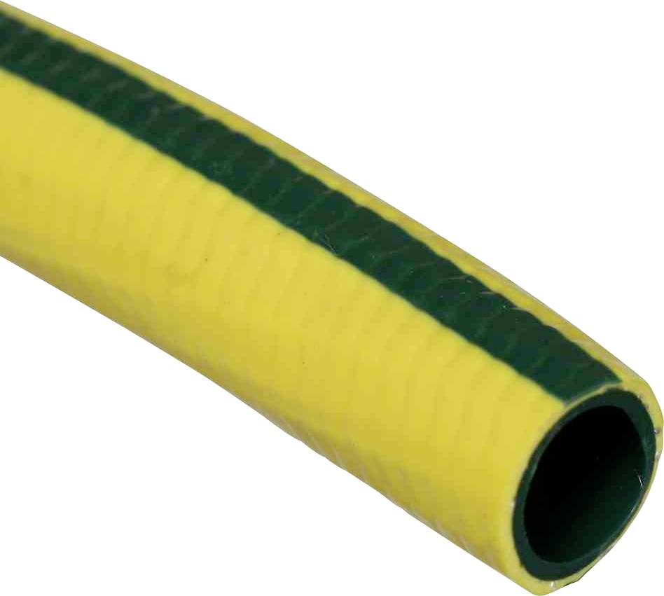 Un tuyau d'arrosage jaune avec une bande verte sur le dessus.