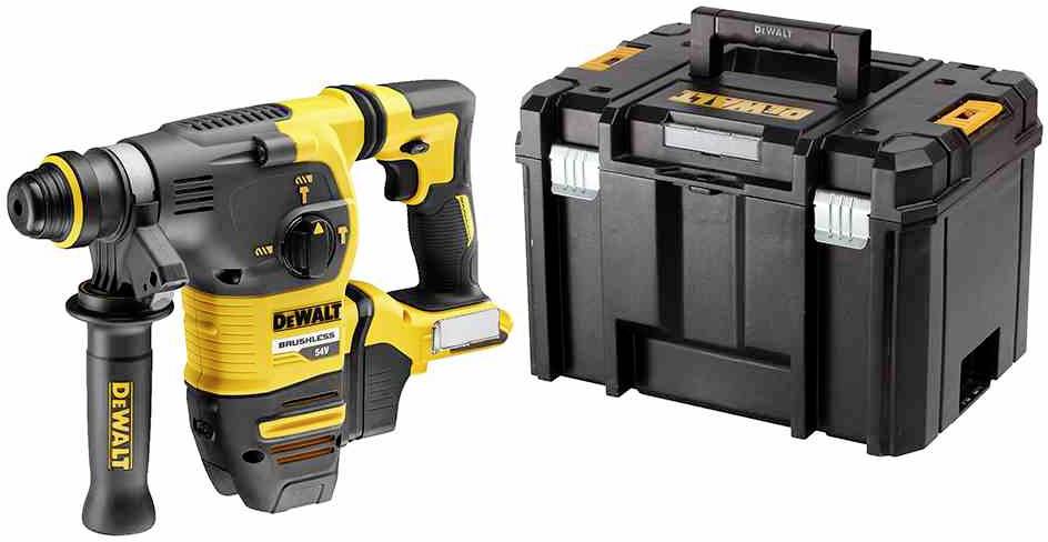 Marteau perforateur sans fil DeWalt avec système SDS-Plus en jaune et noir, posé à côté d'un coffret de transport noir assorti.