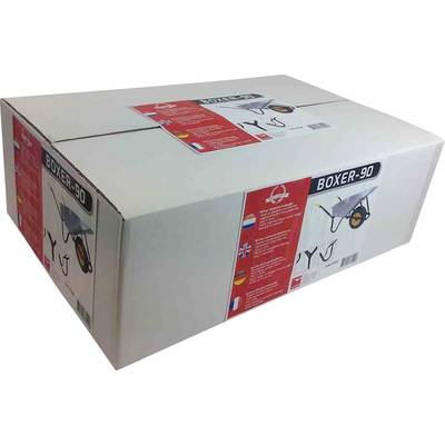 Emballage pour une brouette 'BOXER-90' avec illustrations et descriptions en plusieurs langues. Contient des informations sur le produit.