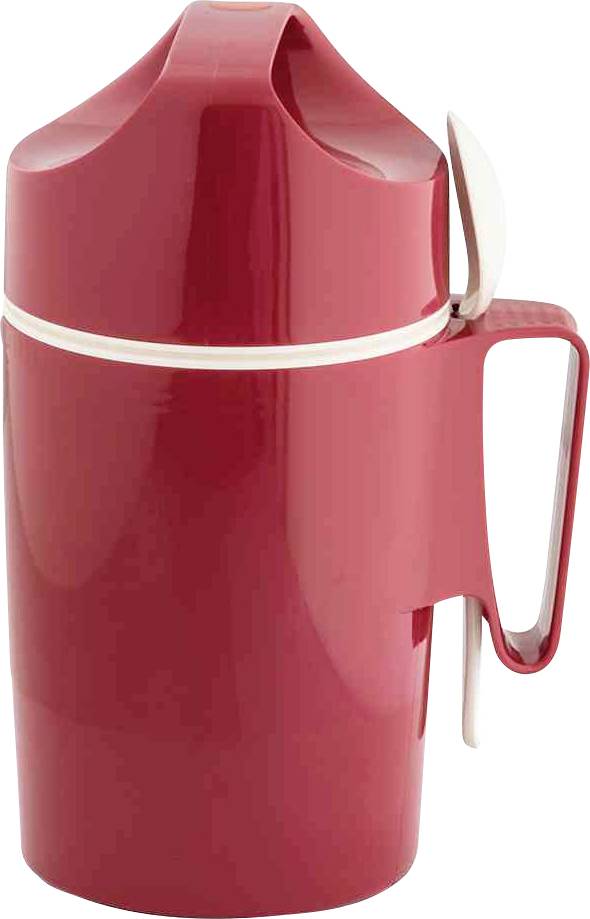 Gobelet isotherme rouge avec couvercle blanc et poignée, adapté pour maintenir les boissons au chaud.