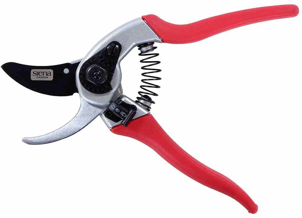 Sécateur rouge avec lames en métal, mécanisme à ressort et partie de coupe noire, adapté à l'entretien des plantes et à la taille.
