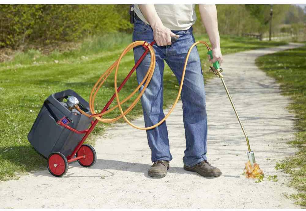 Une personne utilise un brûleur raccordé à une bouteille de gaz sur un chemin pour éliminer les mauvaises herbes.
