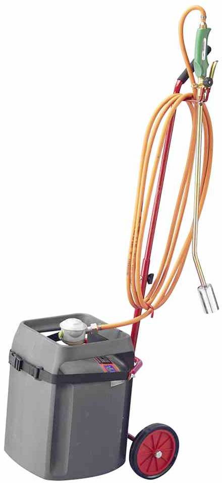 Appareil portable de désherbage avec brûleur, réservoir de propane et longs tuyaux sur deux roues ; mobile et facile à utiliser.
