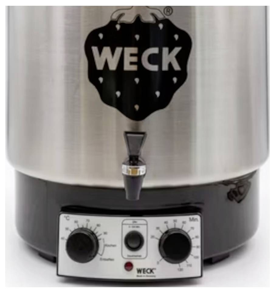 Une casserole vapeur commerciale Weck en acier inoxydable avec un bec verseur et un panneau de commande, comprenant des cadrans de température et de minuterie pour une cuisson précise.