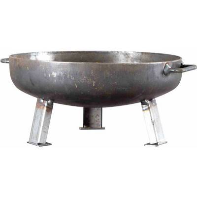 Grand chaudron métallique rond, reposant sur trois pieds stables et muni de poignées latérales, adapté à la cuisine en extérieur.