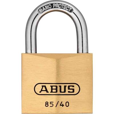 Cadenas de la marque ABUS, numéro de modèle 85/40, avec un arceau brillant et l'inscription gravée "NANO PROTECT".