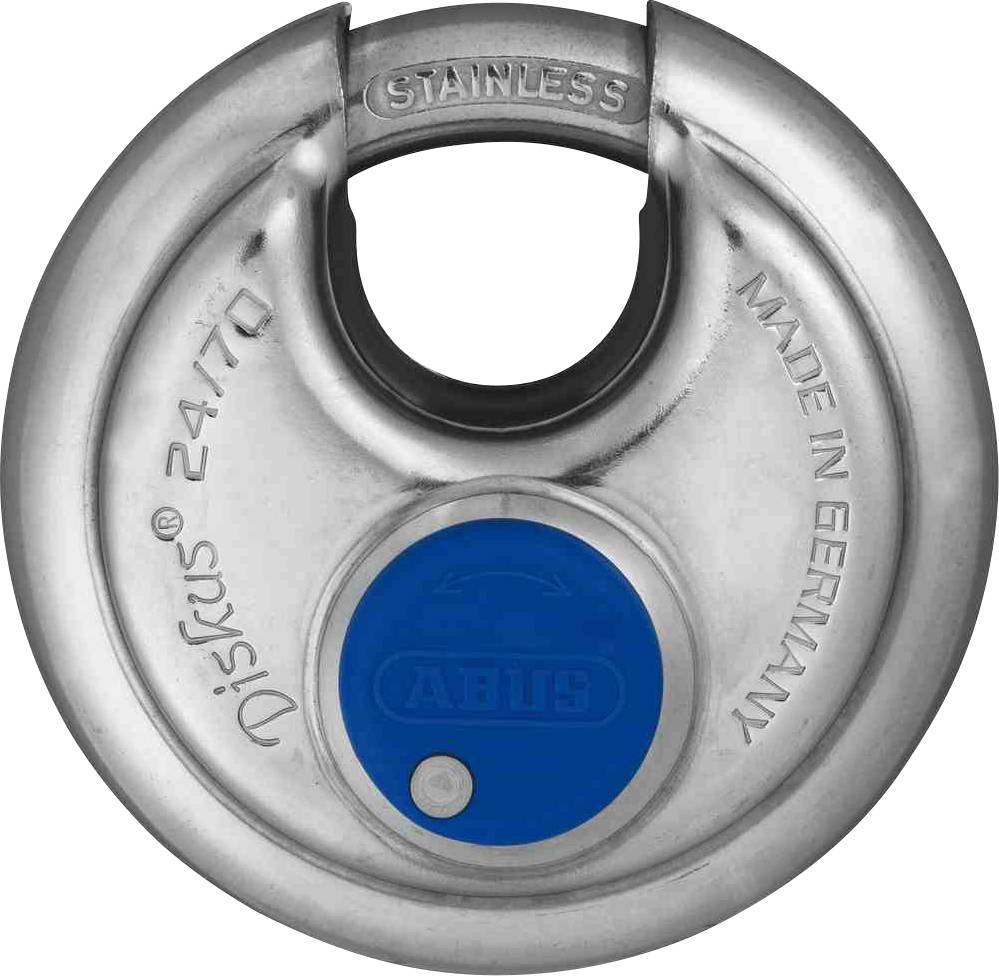 Un cadenas rond en acier inoxydable, argenté, portant l'inscription 'Diskus 24/70' et 'Made in Germany', avec un marquage bleu.