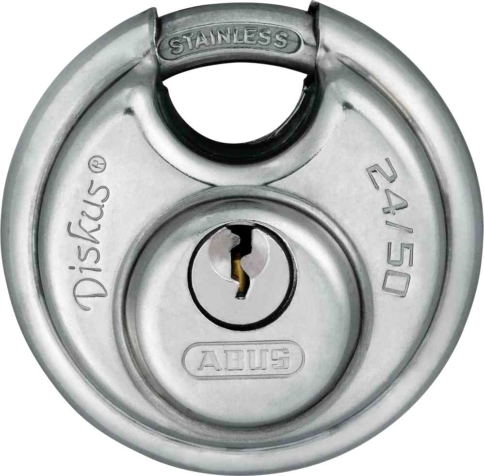 Un cadenas disque rond argenté de la marque 'Abus', modèle 24/50, en acier inoxydable.