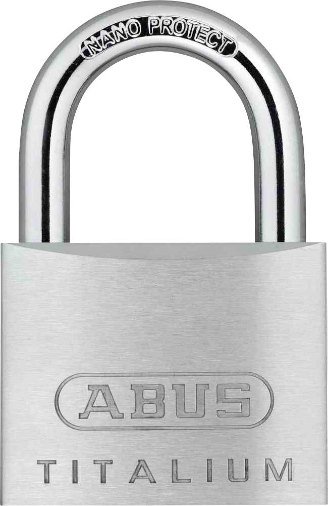 Un cadenas argenté de la marque 'ABUS', modèle 'Titalium', portant l'inscription 'NANO PROTECT' sur l'anse.