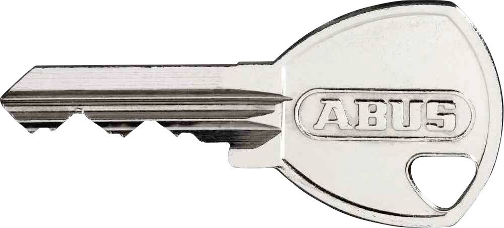 Une clé argentée portant l'inscription 'ABUS' sur la poignée. La clé possède cinq dents et un trou rond à l'extrémité de la poignée.
