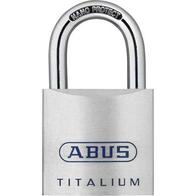 Cadenas en métal avec l'inscription 'ABUS TITALIUM', surface brillante, design robuste, anse marquée 'NANO PROTECT'.