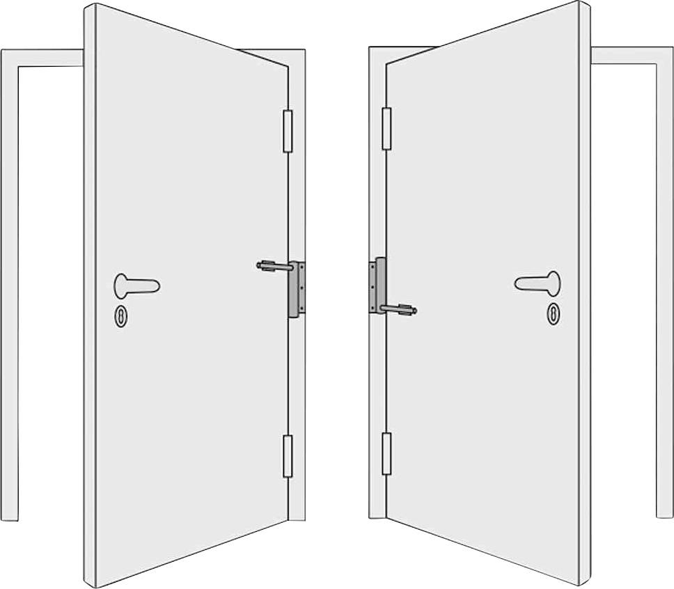Deux portes s'ouvrent, l'une vers l'intérieur à gauche et l'autre vers l'intérieur à droite. Elles illustrent des configurations de mouvements d'ouverture de portes.