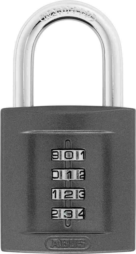 Un cadenas gris à combinaison de quatre chiffres, fermé.