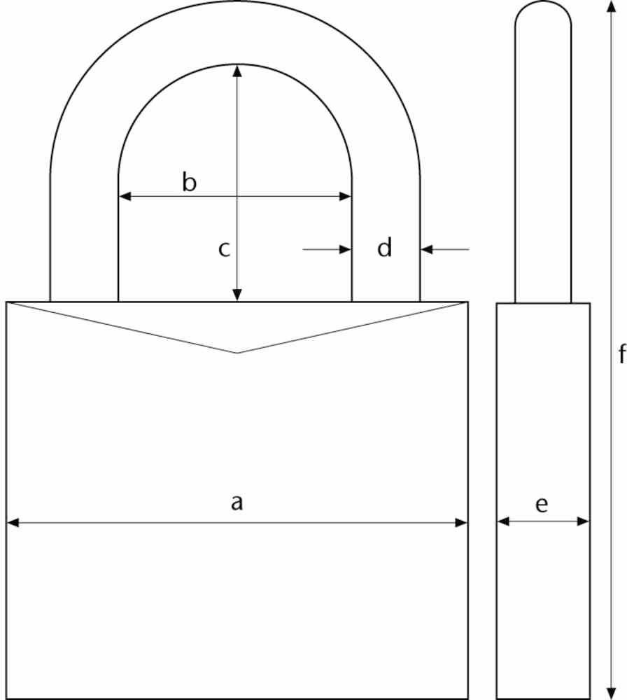Esquisse d'un cadenas avec dimensions : largeur du corps du cadenas (a), hauteur de l'arceau (b), écartement de l'arceau (c), diamètre de l'arceau (d), hauteur du corps du cadenas (e), longueur totale du cadenas (f).