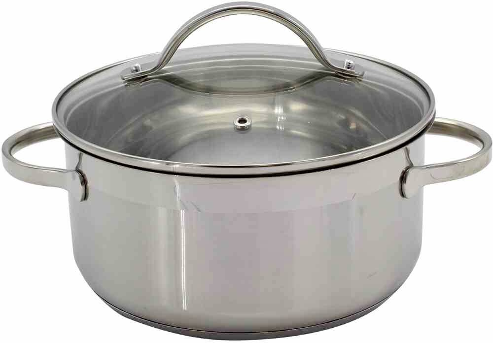 Une casserole en acier inoxydable avec couvercle et deux poignées, idéale pour la cuisson sur les plaques de cuisson.