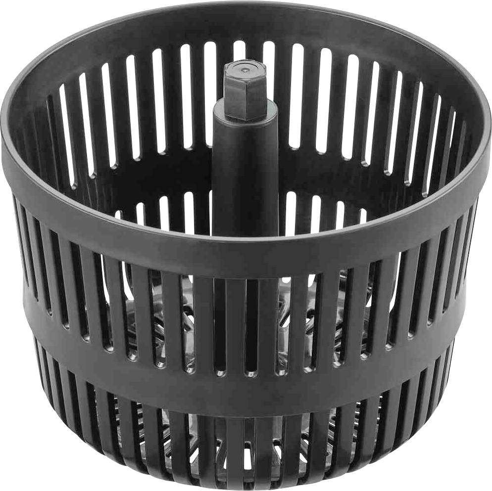 Petits paniers noirs en plastique, perforés de fentes verticales, de forme cylindrique, probablement partie intégrante d'un appareil ménager.