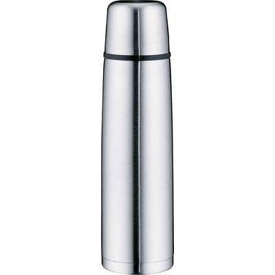 Une thermos argentée à surface lisse et anneau noir sur le couvercle.