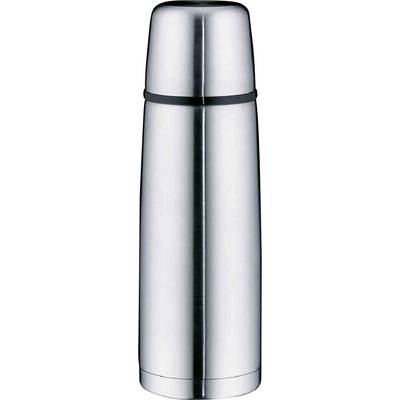 Une thermos argentée avec couvercle, posée devant un fond blanc.