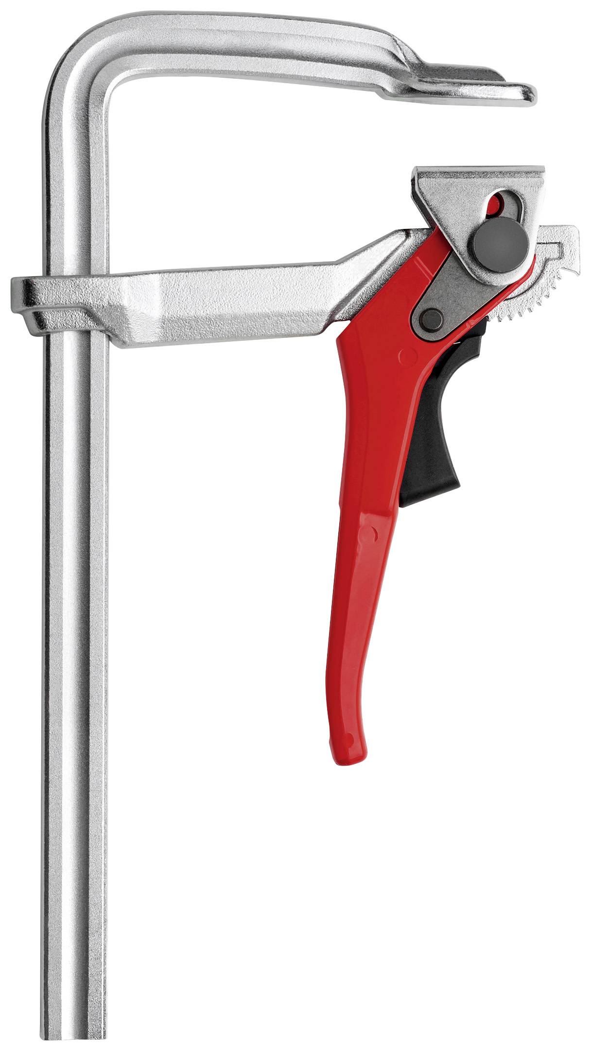 Pince-étau en métal avec poignée rouge, adaptée pour fixer ou maintenir des pièces pendant le travail.