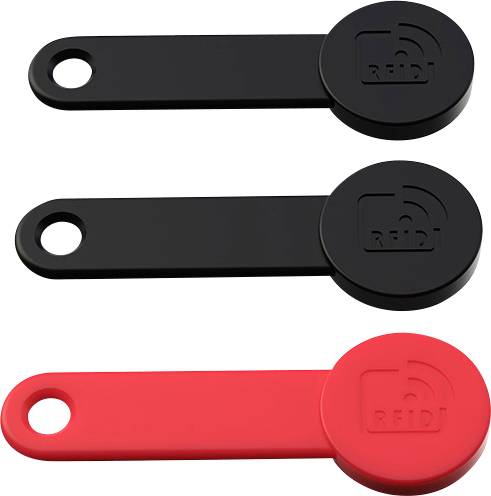 Trois clés à puce RFID en noir et rouge, disposées en deux rangées. Chaque puce possède une tête ronde avec un logo 'RFID' imprimé en relief.