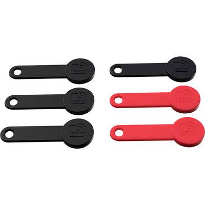 Six étiquettes RFID, trois noires et trois rouges, côte à côte sur un fond blanc.