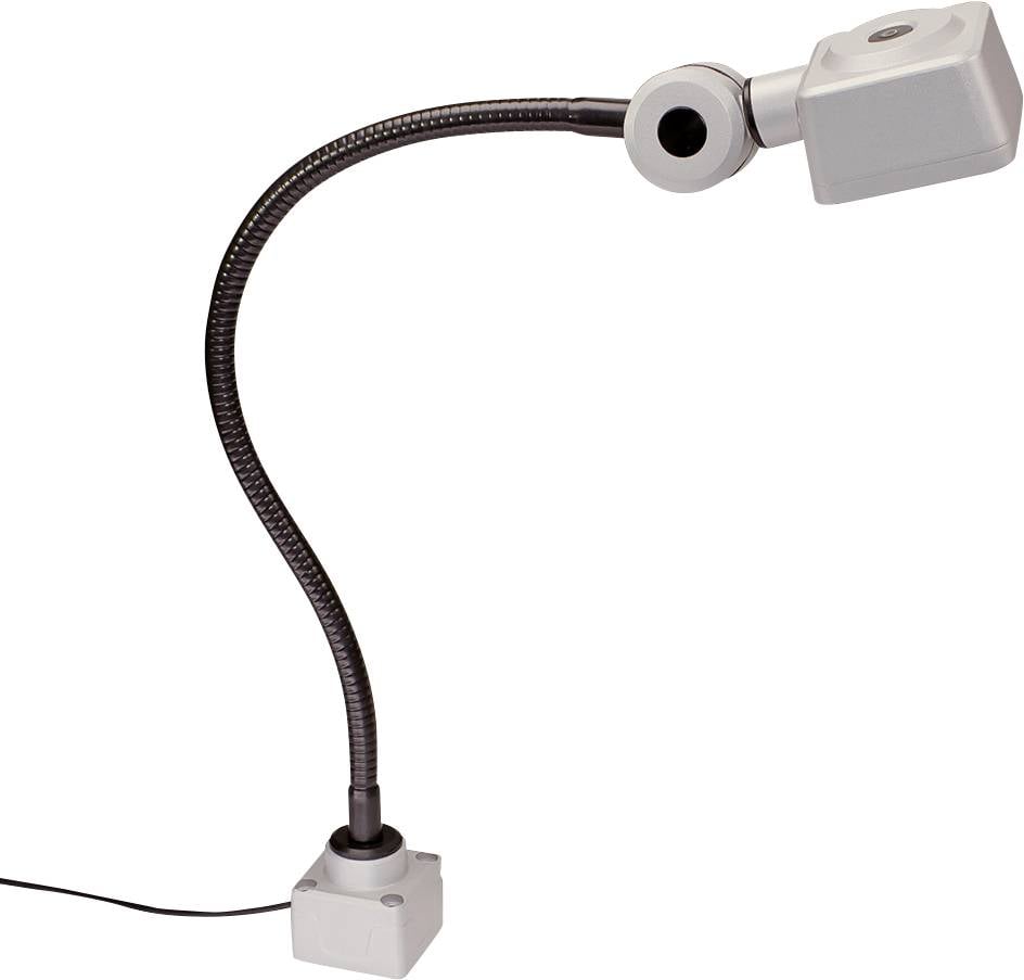 Lampe col de cygne flexible avec base carrée et tête de lampe rectangulaire. Connexion de câble visible à la base.