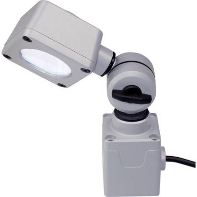 Un projecteur LED rectangulaire argenté avec un bras articulé réglable, monté sur un socle cubique, relié par un câble d'alimentation.