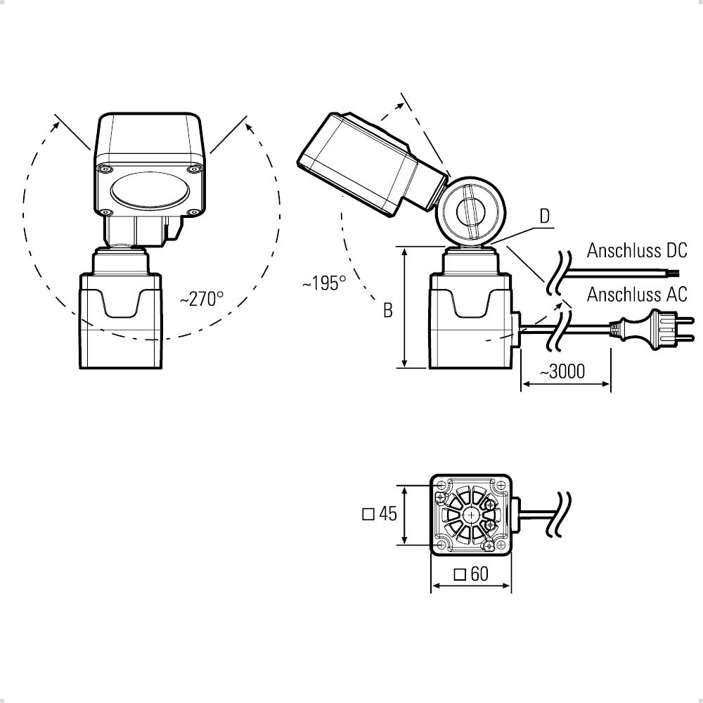 Dessin technique d'un éclairage de sécurité réglable avec mécanismes de rotation. Montre les possibilités de connexion pour DC et AC. Dimensions et angles d'inclinaison indiqués.