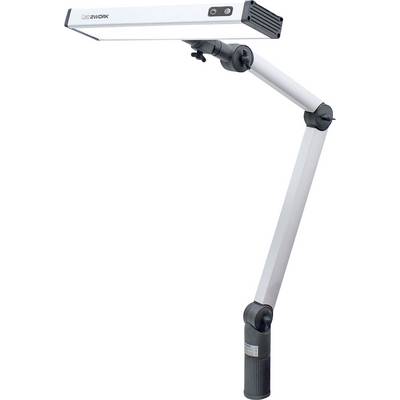 Une lampe de bureau moderne, blanche, avec un bras articulé ajustable et un abat-jour rectangulaire.